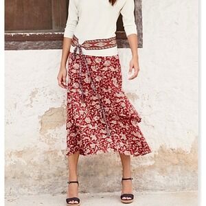 Peruvian Connection Linnea Skirt Womens Size 14 Red Floral Ruffle Tiered Midi